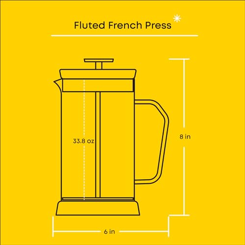 JoyJolt Fluted French Press Coffee and Tea Maker Set, 33.8oz Stainless Steel French Press, Borosilicate Glass Coffee Press, Cold Brew Portable French Press, Tea Press
