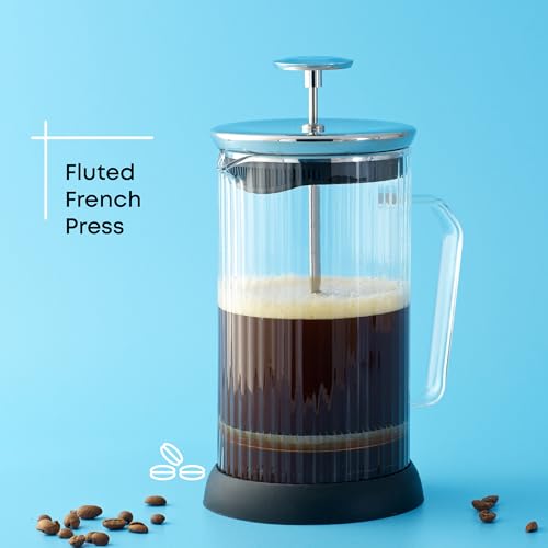 JoyJolt Fluted French Press Coffee and Tea Maker Set, 33.8oz Stainless Steel French Press, Borosilicate Glass Coffee Press, Cold Brew Portable French Press, Tea Press