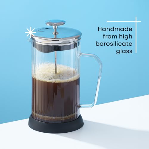 JoyJolt Fluted French Press Coffee and Tea Maker Set, 33.8oz Stainless Steel French Press, Borosilicate Glass Coffee Press, Cold Brew Portable French Press, Tea Press