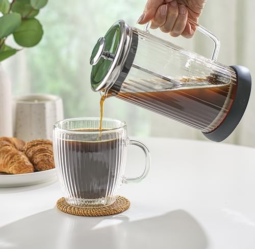 JoyJolt Fluted French Press Coffee and Tea Maker Set, 33.8oz Stainless Steel French Press, Borosilicate Glass Coffee Press, Cold Brew Portable French Press, Tea Press
