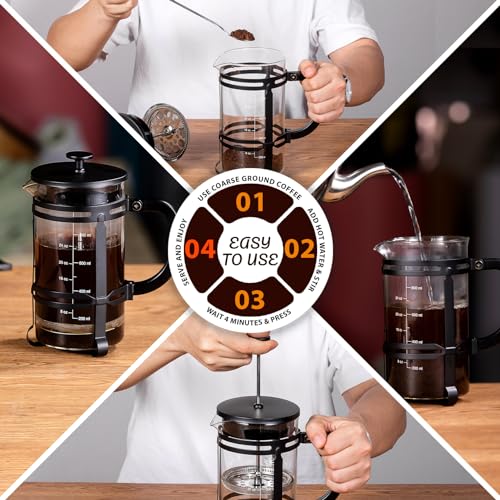 French Press Coffee Tea Maker（21oz）,304 Stainless Steel Coffee Press with 4 Filters Screen-100% No Residue -German Heat-Resistant Borosilicate Glass- BPA FREE -Dishwasherable，Black