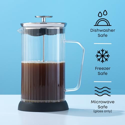 JoyJolt Fluted French Press Coffee and Tea Maker Set, 33.8oz Stainless Steel French Press, Borosilicate Glass Coffee Press, Cold Brew Portable French Press, Tea Press
