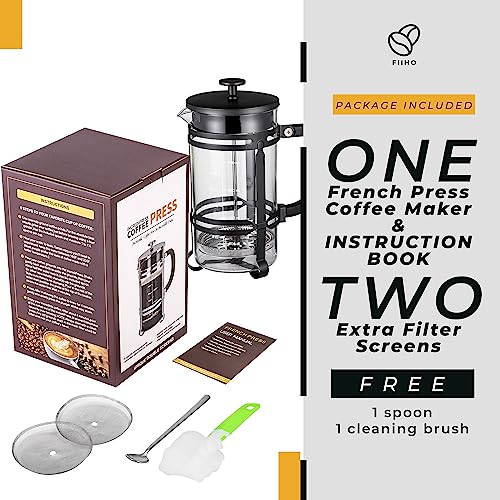 French Press Coffee Tea Maker（21oz）,304 Stainless Steel Coffee Press with 4 Filters Screen-100% No Residue -German Heat-Resistant Borosilicate Glass- BPA FREE -Dishwasherable，Black