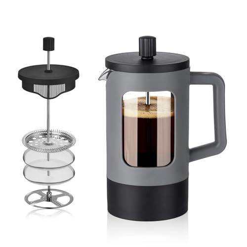 YOLIFE French Press Coffee Maker, Heat-resistant Borosilicate Glass, 4-Level Filters, Portable Cold Brew for Travel, Home (Grey and Black, 21 oz)