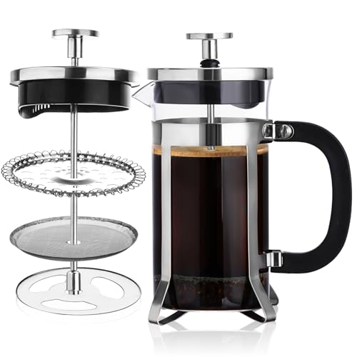 PARACITY French Press Coffee Maker, Mini Coffee Press of 18/8 Stainless Steel Filter and Heat Resistant Glass, Portable Cold Brew Coffee Maker 12OZ for Travel& Home Gift, BPA Free (Silver)