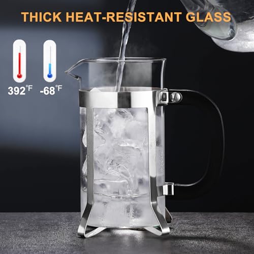 PARACITY French Press Coffee Maker, Mini Coffee Press of 18/8 Stainless Steel Filter and Heat Resistant Glass, Portable Cold Brew Coffee Maker 12OZ for Travel& Home Gift, BPA Free (Silver)