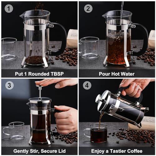 PARACITY French Press Coffee Maker, Mini Coffee Press of 18/8 Stainless Steel Filter and Heat Resistant Glass, Portable Cold Brew Coffee Maker 12OZ for Travel& Home Gift, BPA Free (Silver)