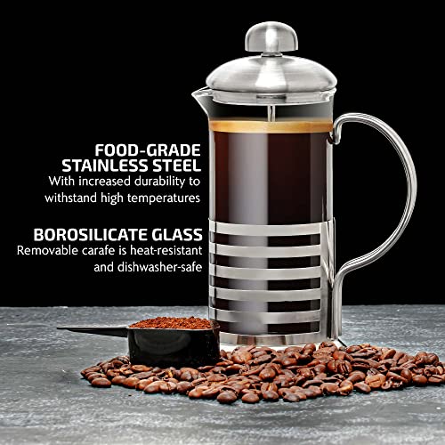 OVENTE 12 Ounce French Press Coffee & Tea Maker, 4 Filter Stainless Steel Plunger System & Durable Borosilicate Heat Resistant Glass, Portable Easy Clean Pitcher with Free Scoop, Silver FSH12S