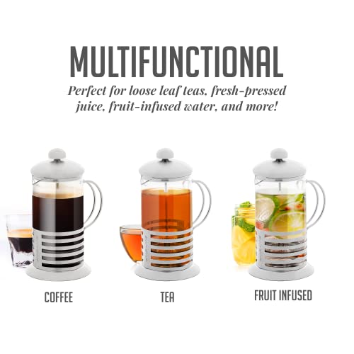 OVENTE 12 Ounce French Press Coffee & Tea Maker, 4 Filter Stainless Steel Plunger System & Durable Borosilicate Heat Resistant Glass, Portable Easy Clean Pitcher with Free Scoop, Silver FSH12S