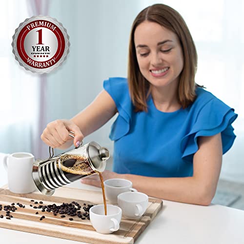 OVENTE 12 Ounce French Press Coffee & Tea Maker, 4 Filter Stainless Steel Plunger System & Durable Borosilicate Heat Resistant Glass, Portable Easy Clean Pitcher with Free Scoop, Silver FSH12S