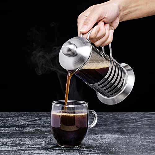 OVENTE 12 Ounce French Press Coffee & Tea Maker, 4 Filter Stainless Steel Plunger System & Durable Borosilicate Heat Resistant Glass, Portable Easy Clean Pitcher with Free Scoop, Silver FSH12S