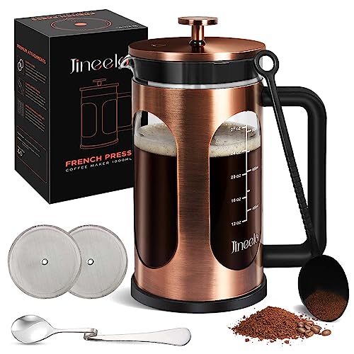 Jineelo 34 Ounce 1 Liter French Press Coffee Maker, Copper Stainless Steel Coffee Press with 4 Level Filters, Cold Brew Heat Resistant Thickened Borosilicate Coffee Pot for Camping Travel Gifts.
