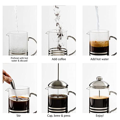 OVENTE 12 Ounce French Press Coffee & Tea Maker, 4 Filter Stainless Steel Plunger System & Durable Borosilicate Heat Resistant Glass, Portable Easy Clean Pitcher with Free Scoop, Silver FSH12S
