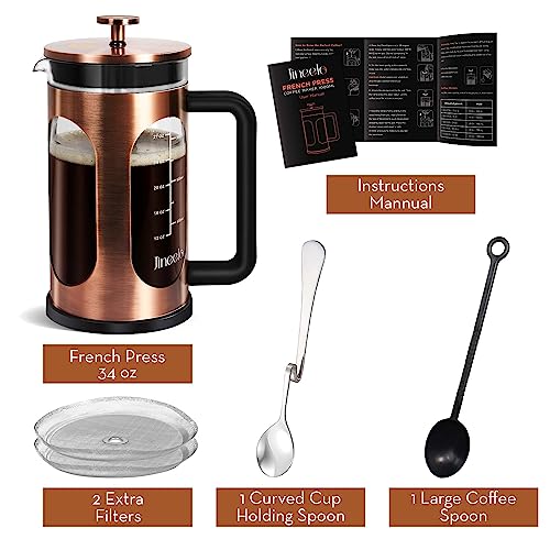 Jineelo 34 Ounce 1 Liter French Press Coffee Maker, Copper Stainless Steel Coffee Press with 4 Level Filters, Cold Brew Heat Resistant Thickened Borosilicate Coffee Pot for Camping Travel Gifts.