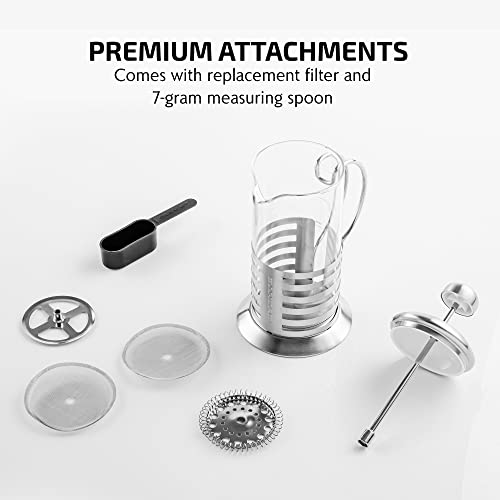 OVENTE 12 Ounce French Press Coffee & Tea Maker, 4 Filter Stainless Steel Plunger System & Durable Borosilicate Heat Resistant Glass, Portable Easy Clean Pitcher with Free Scoop, Silver FSH12S