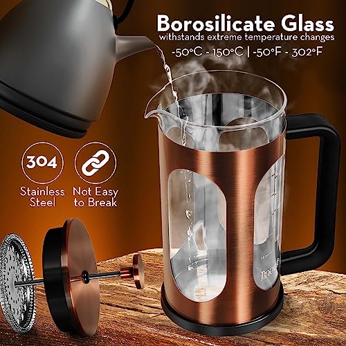 Jineelo 34 Ounce 1 Liter French Press Coffee Maker, Copper Stainless Steel Coffee Press with 4 Level Filters, Cold Brew Heat Resistant Thickened Borosilicate Coffee Pot for Camping Travel Gifts.