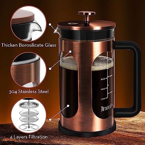 Jineelo 34 Ounce 1 Liter French Press Coffee Maker, Copper Stainless Steel Coffee Press with 4 Level Filters, Cold Brew Heat Resistant Thickened Borosilicate Coffee Pot for Camping Travel Gifts.