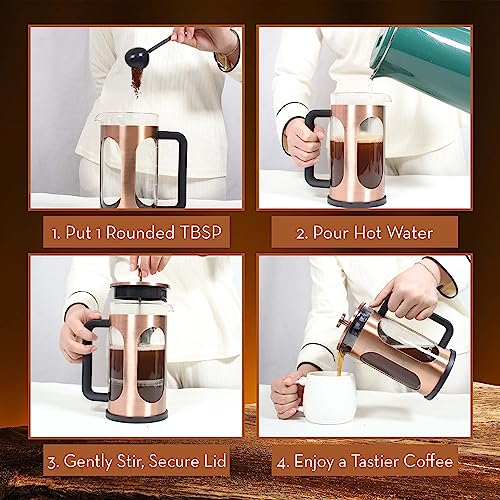 Jineelo 34 Ounce 1 Liter French Press Coffee Maker, Copper Stainless Steel Coffee Press with 4 Level Filters, Cold Brew Heat Resistant Thickened Borosilicate Coffee Pot for Camping Travel Gifts.