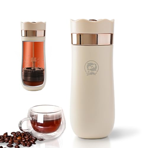 Portable French Press Travel Coffee Maker, Double Walled Stainless Steel Vacuum Insulated Coffee Maker and Tea Maker,12 Ounce, Mini Vacuum Mug Filter Coffee Cup for Travel (Lvory)