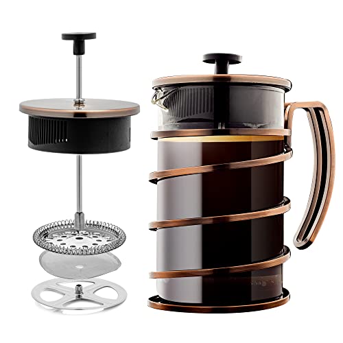 OVENTE 27 Ounce French Press Coffee & Tea Maker, 4 Filter Stainless Steel Filter Plunger System & Durable Borosilicate Heat Resistant Glass, Perfect for Hot & Cold Brew, Spiral Copper FSW27C