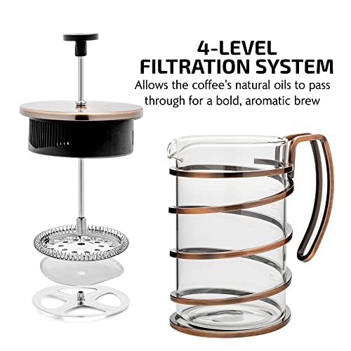 OVENTE 27 Ounce French Press Coffee & Tea Maker, 4 Filter Stainless Steel Filter Plunger System & Durable Borosilicate Heat Resistant Glass, Perfect for Hot & Cold Brew, Spiral Copper FSW27C