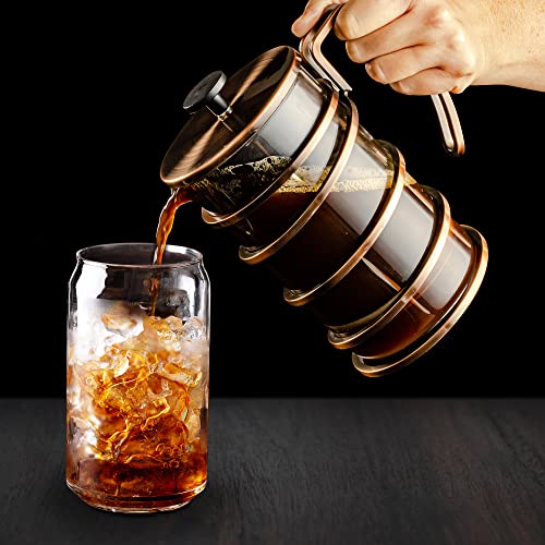 OVENTE 27 Ounce French Press Coffee & Tea Maker, 4 Filter Stainless Steel Filter Plunger System & Durable Borosilicate Heat Resistant Glass, Perfect for Hot & Cold Brew, Spiral Copper FSW27C