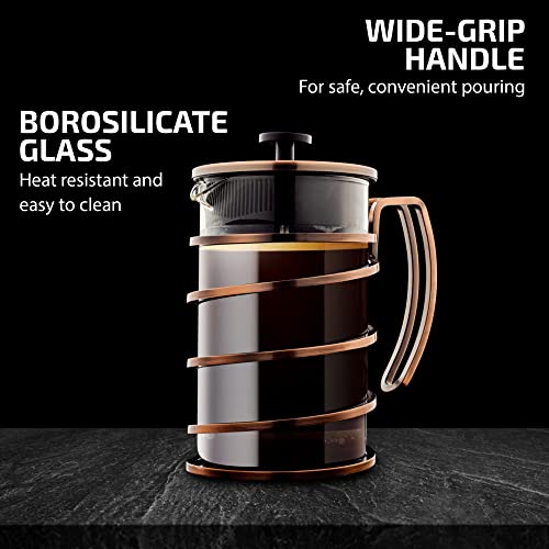 OVENTE 27 Ounce French Press Coffee & Tea Maker, 4 Filter Stainless Steel Filter Plunger System & Durable Borosilicate Heat Resistant Glass, Perfect for Hot & Cold Brew, Spiral Copper FSW27C
