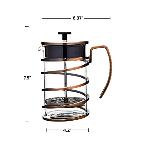 OVENTE 27 Ounce French Press Coffee & Tea Maker, 4 Filter Stainless Steel Filter Plunger System & Durable Borosilicate Heat Resistant Glass, Perfect for Hot & Cold Brew, Spiral Copper FSW27C