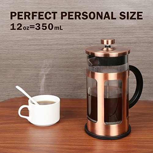 FAVIA French Press Coffee Maker 12 Ounce Stainless Steel with Borosilicate Glass Heat Resistant 4 Level Filtration System for Brew Coffee & Tea Dishwasher Safe 350ml (12oz, Stainless Copper)
