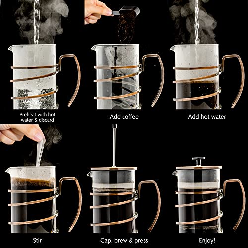 OVENTE 27 Ounce French Press Coffee & Tea Maker, 4 Filter Stainless Steel Filter Plunger System & Durable Borosilicate Heat Resistant Glass, Perfect for Hot & Cold Brew, Spiral Copper FSW27C