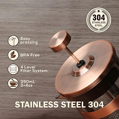 FAVIA French Press Coffee Maker 12 Ounce Stainless Steel with Borosilicate Glass Heat Resistant 4 Level Filtration System for Brew Coffee & Tea Dishwasher Safe 350ml (12oz, Stainless Copper)