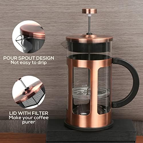 FAVIA French Press Coffee Maker 12 Ounce Stainless Steel with Borosilicate Glass Heat Resistant 4 Level Filtration System for Brew Coffee & Tea Dishwasher Safe 350ml (12oz, Stainless Copper)