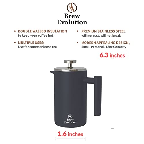 Brew Evolution 12 oz Stainless Steel French Press Coffee Maker for Home or Travel, Double Walled Insulated Coffee, Cacao & Tea Brewer Pot & Maker, Hawaiian Blue
