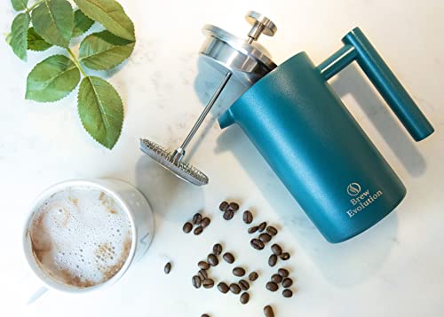 Brew Evolution 12 oz Stainless Steel French Press Coffee Maker for Home or Travel, Double Walled Insulated Coffee, Cacao & Tea Brewer Pot & Maker, Hawaiian Blue
