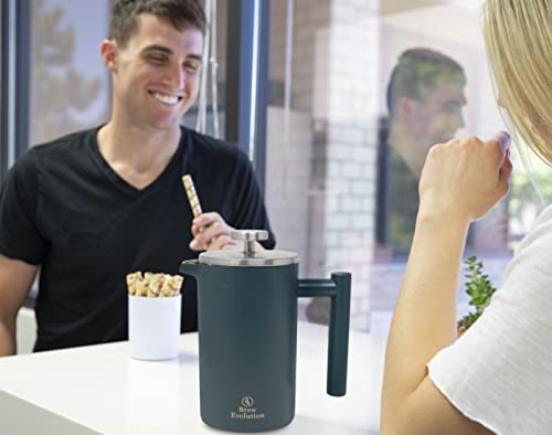 Brew Evolution 12 oz Stainless Steel French Press Coffee Maker for Home or Travel, Double Walled Insulated Coffee, Cacao & Tea Brewer Pot & Maker, Hawaiian Blue