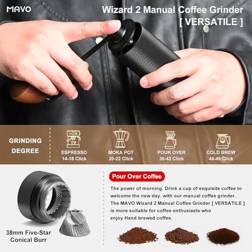 MAVO Wizard 2 Manual Coffee Grinder,Capacity 20g with CNC Stainless Steel Conical Burr, Internal Adjustable Setting, Double Bearing Positioning,for Aeropress,French Press,Espresso Coffee Bean Grinder