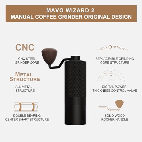 MAVO Wizard 2 Manual Coffee Grinder,Capacity 20g with CNC Stainless Steel Conical Burr, Internal Adjustable Setting, Double Bearing Positioning,for Aeropress,French Press,Espresso Coffee Bean Grinder