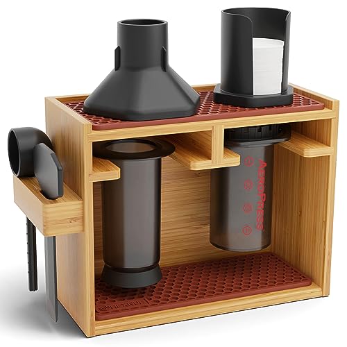 HEXNUB – Bamboo Organizer for AeroPress, Coffee Caddy Station Holds AeroPress Coffee Maker, Accessories, Filters, Cups, Stand includes Dripper Mats (Brown)