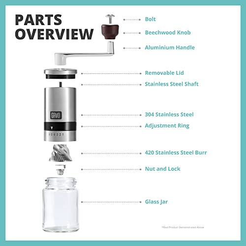 GAVO Manual Coffee Grinder with Stainless Steel Burr - Coffee Grinder Manual with Adjustable Settings for Aeropress, Drip Coffee, Espresso, French Press, Turkish Coffee & More!