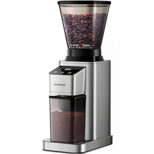 SHARDOR Conical Burr Coffee Grinder Electric, Adjustable Touchscreen Burr Mill with 48 Precise Settings, Precision Electronic Timer, Anti-static, Brushed Stainless Steel