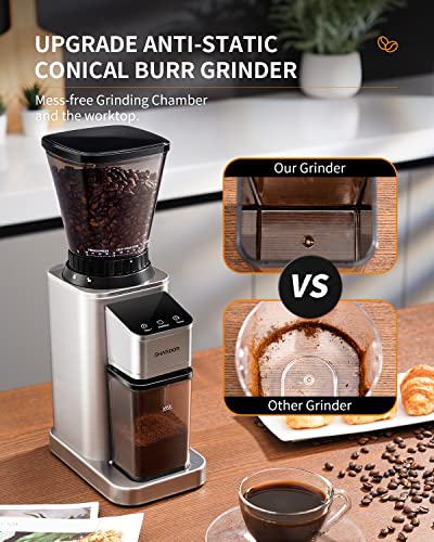 SHARDOR Conical Burr Coffee Grinder Electric, Adjustable Touchscreen Burr Mill with 48 Precise Settings, Precision Electronic Timer, Anti-static, Brushed Stainless Steel