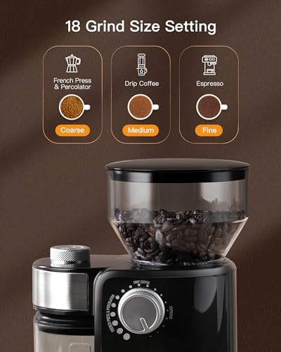 Electric Burr Mill Coffee Grinder with 18 Precise Grind Settings for Espresso, Drip and French Press - Adjustable Burr Grinder in Black