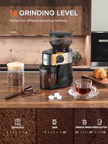 Burr Coffee Grinder Electric, Coffee Bean Grinder with 18 Precise Grind Settings, 14 Cup Automatic Flat Burr Coffee for French Press, Drip Coffee, and Espresso, Stainless Steel, Black