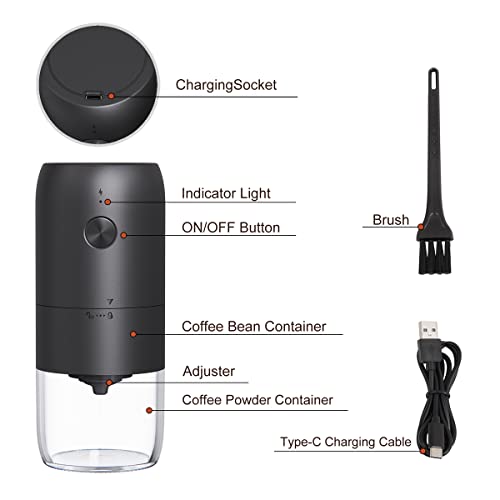 Coffee Grinder Electric with Adjustable Coarseness Ceramic Burrs, Portable One Touch Electric Spice Coffee Bean Grinder with Clean Brush, Type-C Charging, Black