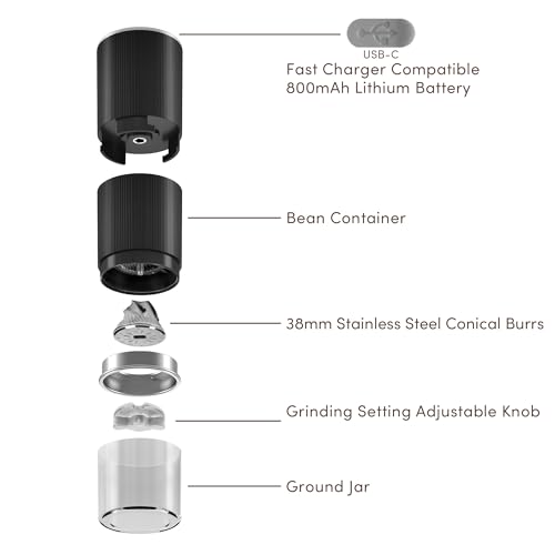 Wirsh Burr Coffee Grinder-Rechargeable Battery Operated Coffee Grinder with Stainless Steel Conical Burr Mill, Eletric Portable Coffee Grinder with 80 Grind Settings from Fine to Coarse