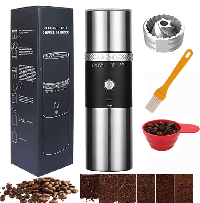 Electric Conical Burr Coffee Grinder Battery Portable Cordless Rechargeable Espresso Coffee Bean Grinder Travel Coffee Maker with 15 Fine to Coarse Grind Settings for Home Use (Black)