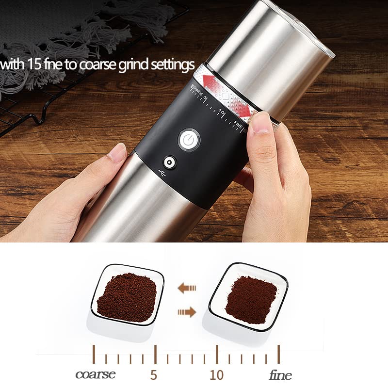 Electric Conical Burr Coffee Grinder Battery Portable Cordless Rechargeable Espresso Coffee Bean Grinder Travel Coffee Maker with 15 Fine to Coarse Grind Settings for Home Use (Black)