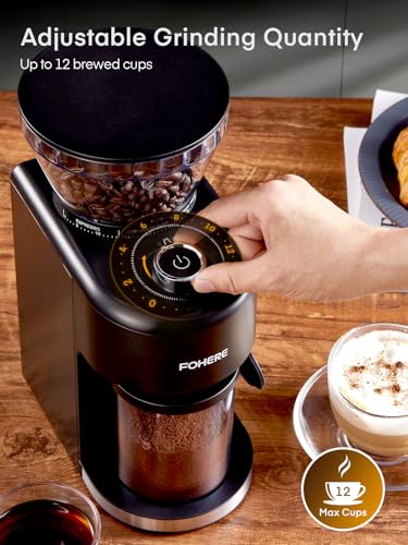Anti-static Conical Burr Coffee Grinder FOHERE Adjustable Burr Mill with 35 Precise Grind Setting, 2-12 Cup Select Timer, for Espresso, Drip Coffee, French Press, Black