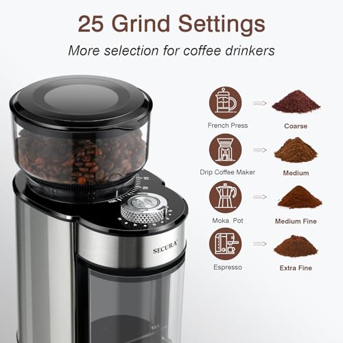 Secura Coffee Grinder Electric Conical Burr Coffee Grinder Anti-static Coffee Grinder with 25 Precise Grind Settings for 2-12 Cups Electric Burr Coffee Grinder for Espresso/French Press Coffee Maker