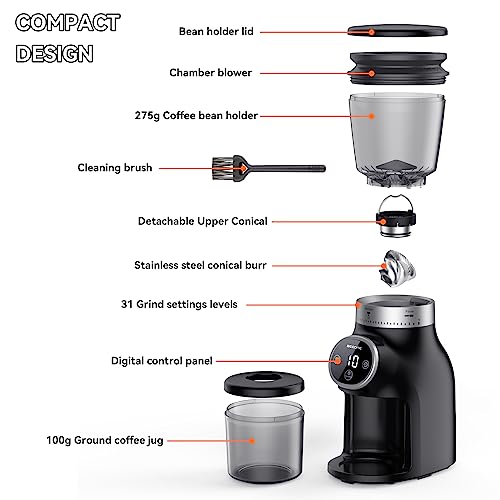 BEEONE Conical Burr Coffee Grinder with Digital Control, Espresso Grinder with 31 Precise Settings for 1-10 Cups, Coffee Grinder Electric with Time Display and Countdown Display, Black